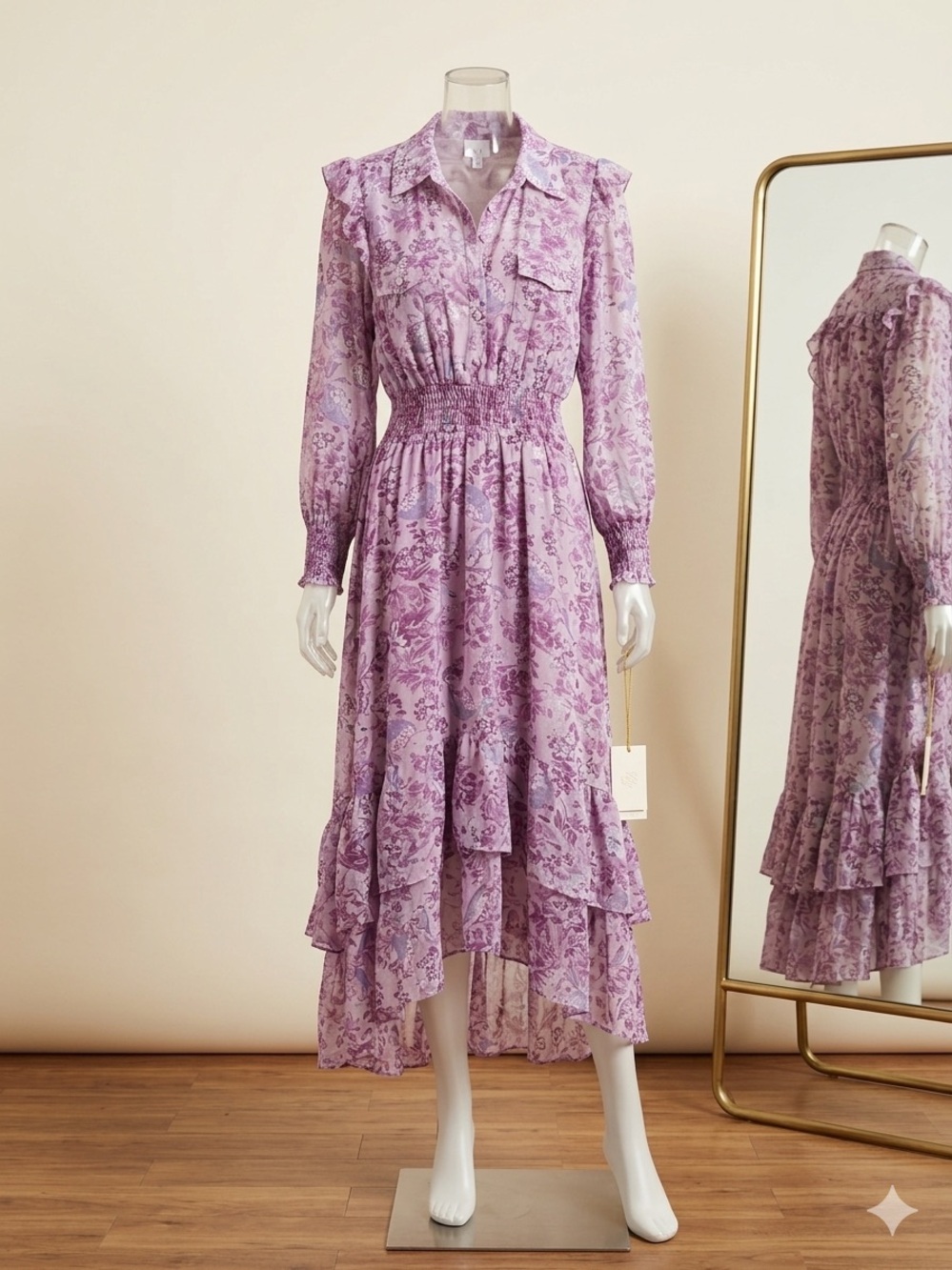 Misa Lavender Floral Tiered Shirred-Waist Midi Dress